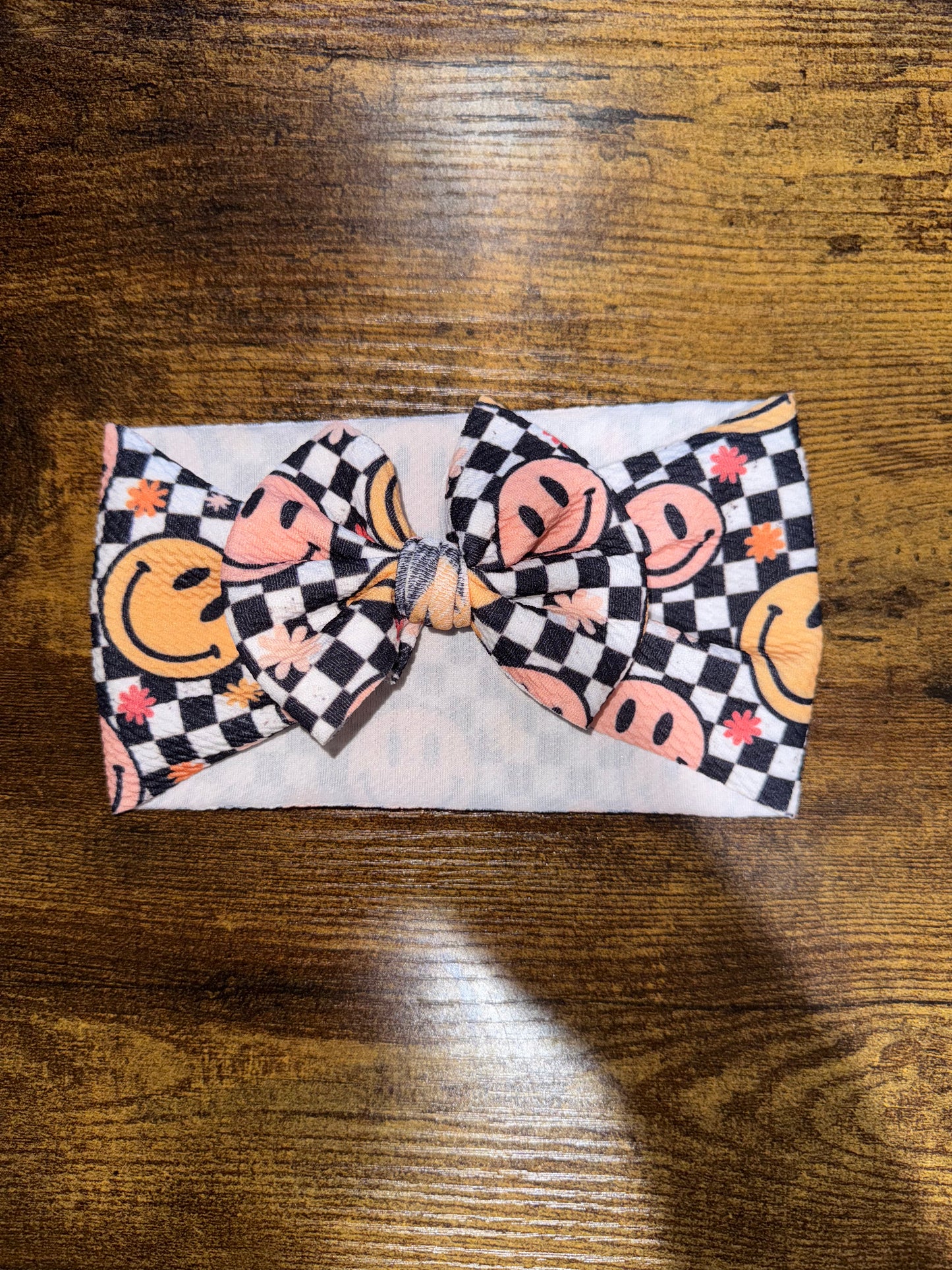 Black and White Checkered Smiley Face Headwrap Bow